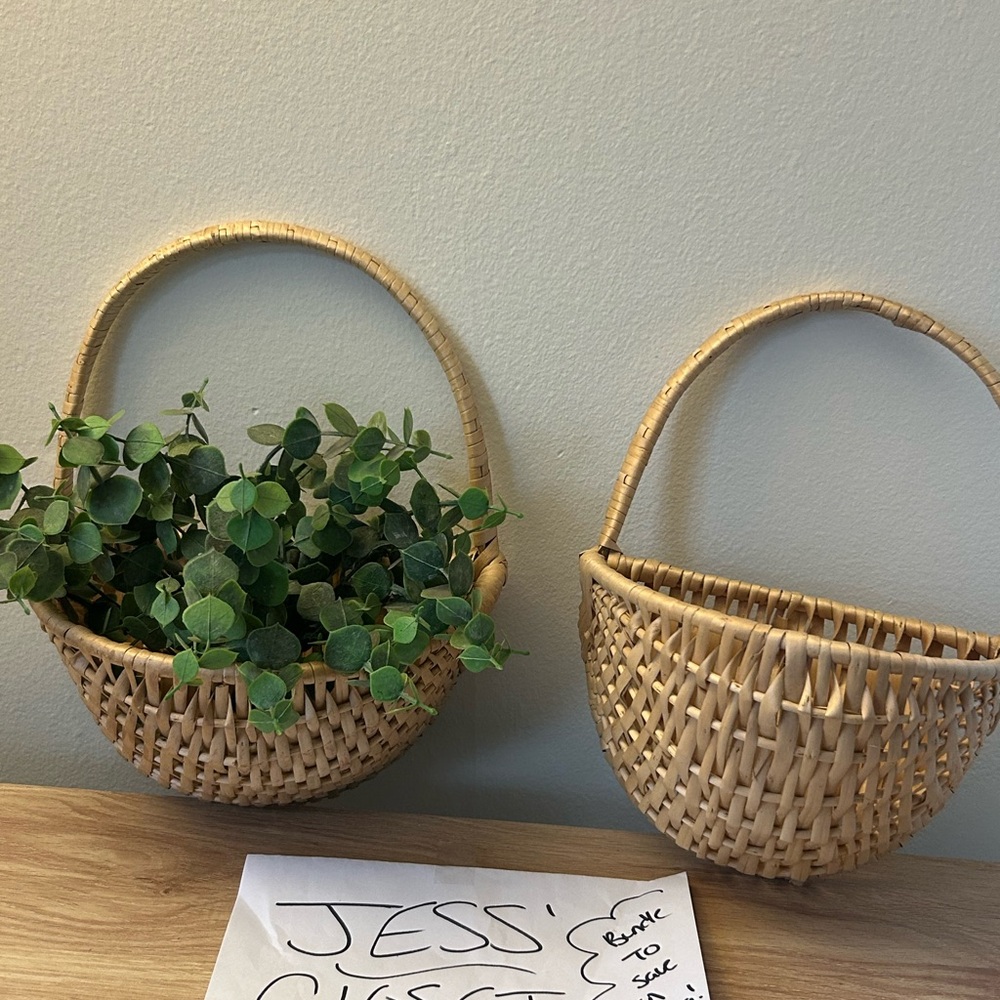 2 - Woven Wall Baskets with Handle - Natural